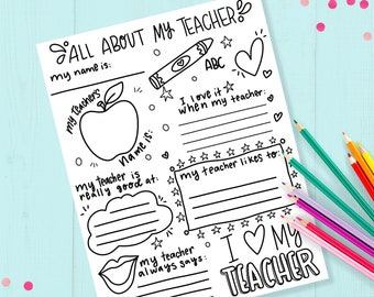 All About My Teacher, Teacher Appreciation Week Gift, Fill in the Blank Printable