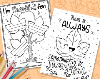 Thankful Tree Coloring Pages, Gratitude Worksheet for Kids, Printable Thanksgiving Coloring PDF, Kawaii Leaf and Tree, Gratitude Tree