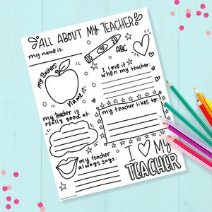 All About My Teacher, Teacher Appreciation Week Gift, Fill in the Blank Printable