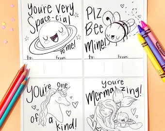 Valentine's Day Printable Valentine's Day Cards Unicorn Mermaid Bee Space School Valentines