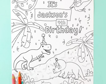 Dinosaur Birthday Theme Personalized Coloring Page Printable Instant Download