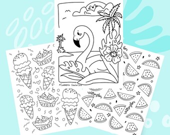 Summer Coloring Pages with Flamingo, Ice Cream and Watermelon