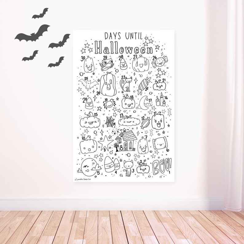 Pu&ograve; includere: Un calendario di conto alla rovescia di Halloween stampabile in bianco e nero con illustrazioni di zucche, pipistrelli, fantasmi, gatti, mais dolce e stelle. Il testo "DAYS UNTIL HALLOWEEN" &egrave; in cima al calendario.