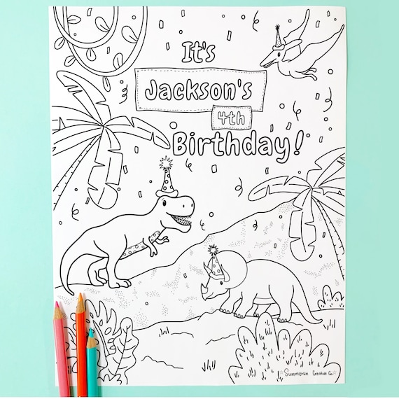 Dinosaur Birthday Theme Personalized Coloring Page Printable