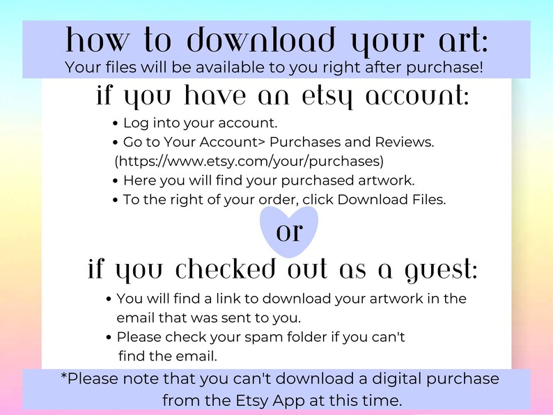 Pode incluir: Um gr&aacute;fico azul claro e rosa com instru&ccedil;&otilde;es sobre como baixar arte digital comprada no Etsy. O gr&aacute;fico inclui o texto "how to download your art" e "if you have an etsy account" e "if you checked out as a guest".