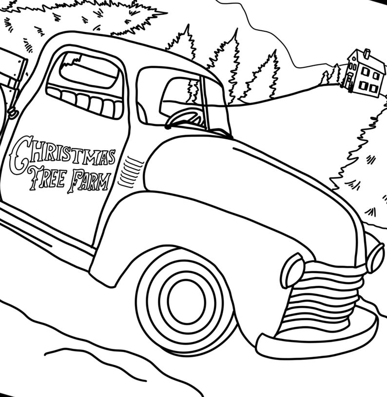 Christmas Tree Truck Coloring Page Holiday PDF Printable Winter Activity With Farmhouse Scene Christmas Tree Truck Coloring Page Holiday PDF Printable Winter Activity With Farmhouse Scene