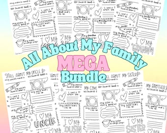 All About My Family Mega Bundle Fill in the Blank Printable Questionnaires, Mom, Dad, Grandma, Grandpa, Aunt, Uncle, Cousin, Sister, Brother