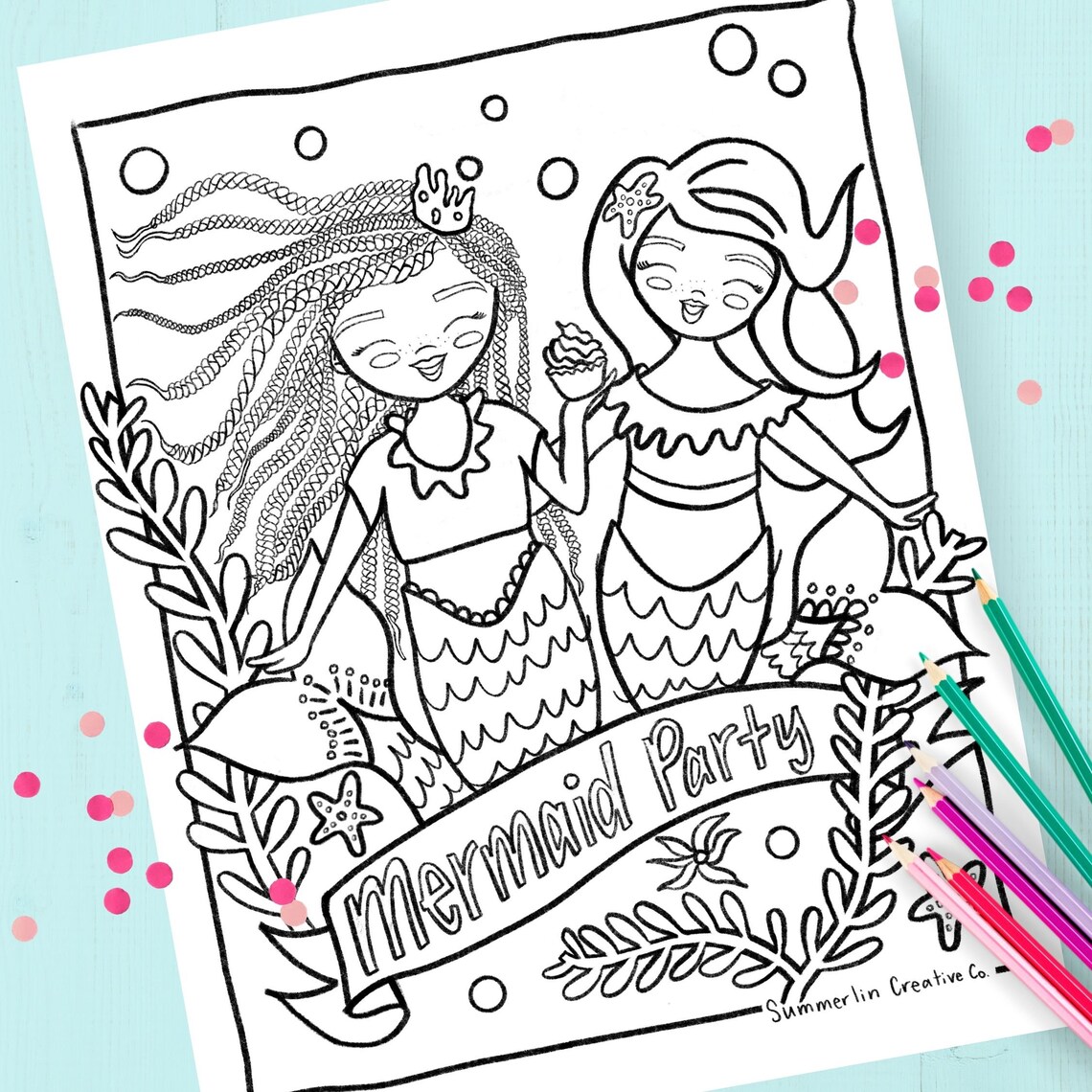 Mermaid Party Coloring Page for a Mermaid Birthday Party or | Etsy