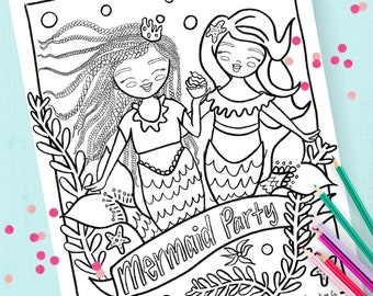Mermaid Party Coloring Page Instant Download