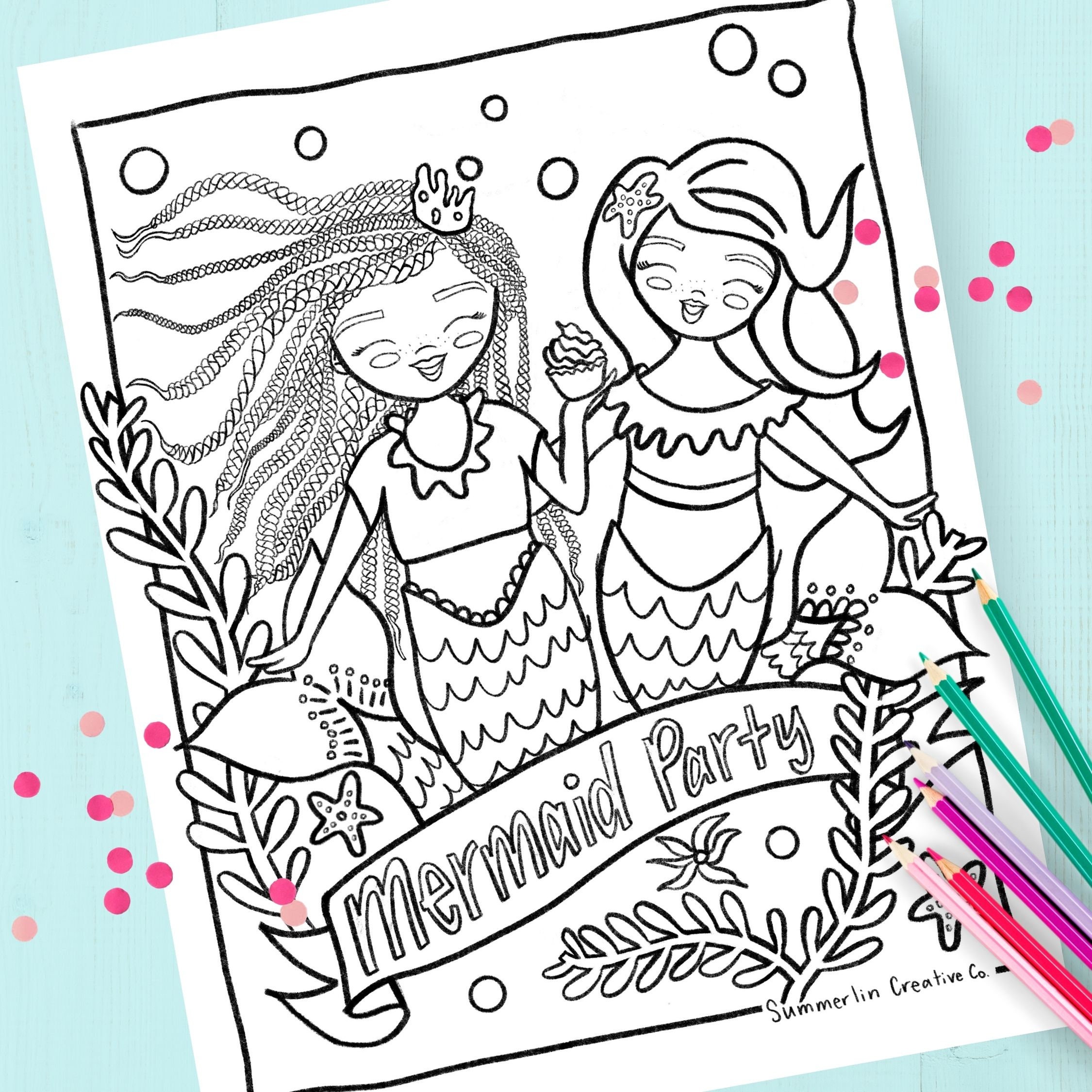 Mermaid Party Coloring Page for a Mermaid Birthday Party or | Etsy