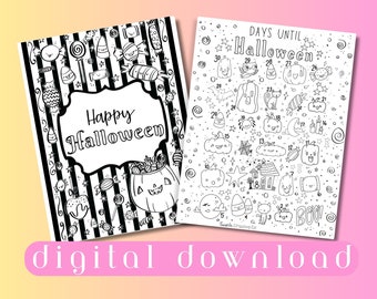 Count Down to Halloween Coloring Pages, Printable Halloween Coloring Sheet with Cute Pumpkins and Kawaii Candy Doodles