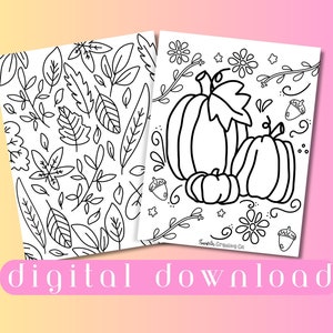 Fall leaves and Pumpkins Coloring Page Bundle, Cute Doodles, Printable Activity for Autumn Wedding or Baby Shower