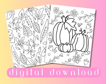 Fall leaves and Pumpkins Coloring Page Bundle, Cute Doodles, Printable Activity for Autumn Wedding or Baby Shower