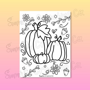 Pode incluir: Uma p&aacute;gina para colorir em preto e branco com tr&ecirc;s ab&oacute;boras com caules e folhas. As ab&oacute;boras s&atilde;o cercadas por flores, videiras e bolotas. O texto "Summerlin Creative Co." est&aacute; na parte inferior da p&aacute;gina.