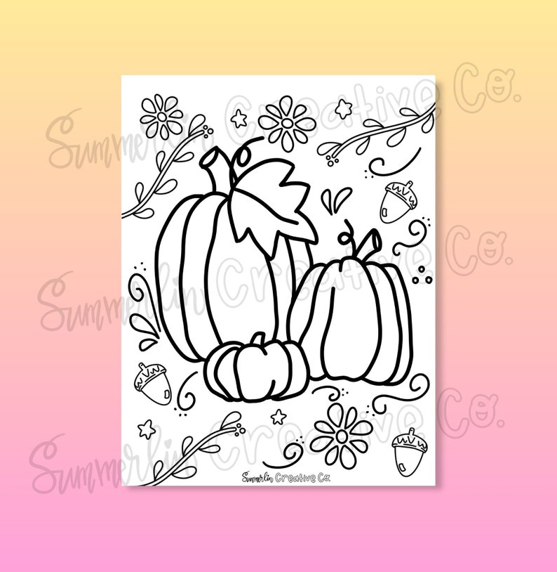 Pode incluir: Uma p&aacute;gina para colorir em preto e branco com tr&ecirc;s ab&oacute;boras com caules e folhas. As ab&oacute;boras s&atilde;o cercadas por flores, videiras e bolotas. O texto "Summerlin Creative Co." est&aacute; na parte inferior da p&aacute;gina.