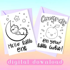 Tarjeta de baby shower para colorear con lindos dibujos Kawaii, felicitaciones de bricolaje, nuevos padres, género neutro imprimible, descarga instantánea