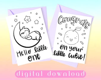 Coloring Baby Shower Card with Cute Kawaii Drawings, DIY Congratulations, New Parents, Printable Gender Neutral, Instant Download