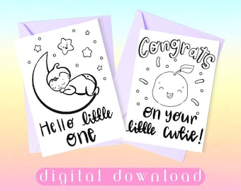 Kleurplaten baby shower kaart met schattige Kawaii tekeningen, DIY gefeliciteerd, nieuwe ouders, afdrukbare genderneutraal, Instant Download