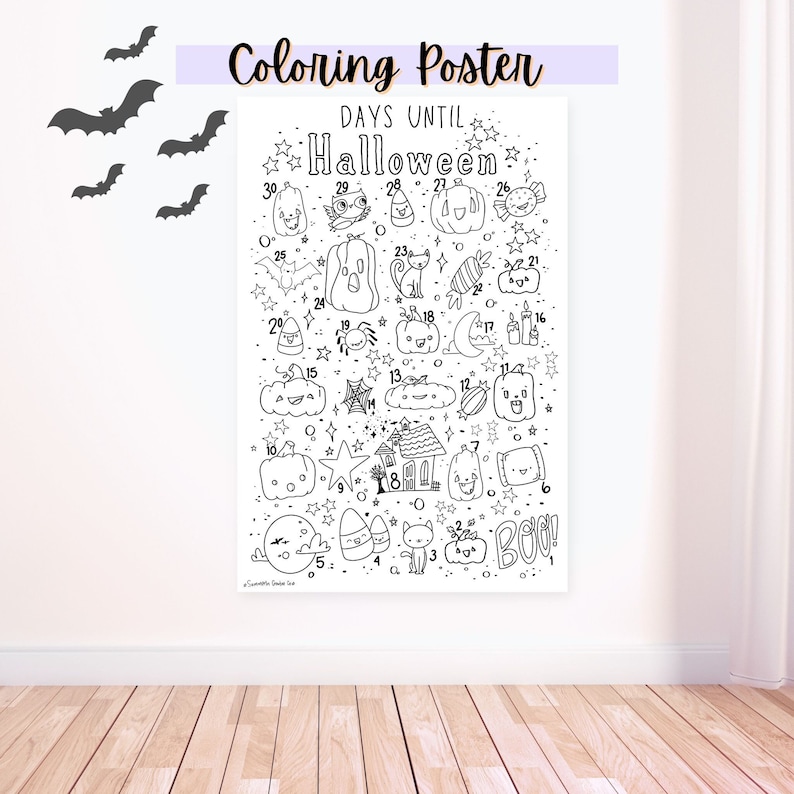 Pu&ograve; includere: Un poster da colorare in bianco e nero a tema Halloween. Il poster presenta un conto alla rovescia dei giorni fino a Halloween con simpatiche illustrazioni di zucche, pipistrelli, fantasmi e altri personaggi di Halloween. Il testo "Days Until Halloween" &egrave; in cima al poster.