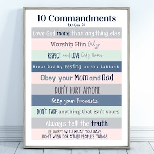 Printable Ten Commandments for Kids Room Decor, Navy, Mint, Pink, Homeschool Classroom Wall Art 220