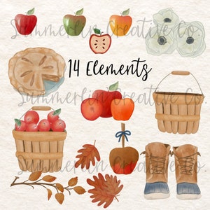 Apple Picking Fall Watercolor Clipart Hand Drawn Elements