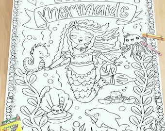 Giant Coloring Poster Mermaid Coloring Pages Printable Coloring Page Instant Download Birthday Activity Group Activity Slumber Party Game