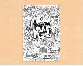 Fall Coloring Poster, Thanksgiving Gift, Printable Fun Fall Family Activity, 4 Free Extra Coloring Pages, Instant Download