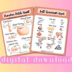 Puede incluir: Dos listas de búsqueda del tesoro imprimibles para niños. La primera lista se titula "Pumpkin Patch Hunt" y presenta ilustraciones de diferentes tipos de calabazas. La segunda lista se titula "Fall Scavenger Hunt" y presenta ilustraciones de artículos con temática otoñal como hojas, bellotas y una ardilla.