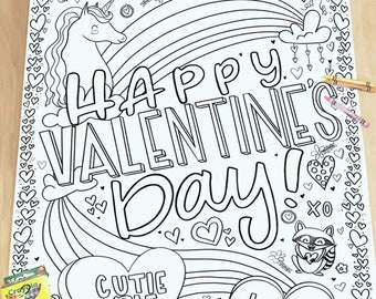 Giant Coloring Poster for Valentine&#39;s Day  Conversation Hearts Printable Coloring Pages Instant Download