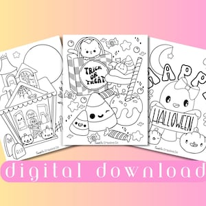 Halloween Coloring Page Bundle, 3 Page Printable Activity, Cute Halloween Kawaii Haunted House, Cute Ghost, Mummy, Trick Or Treat Coloring