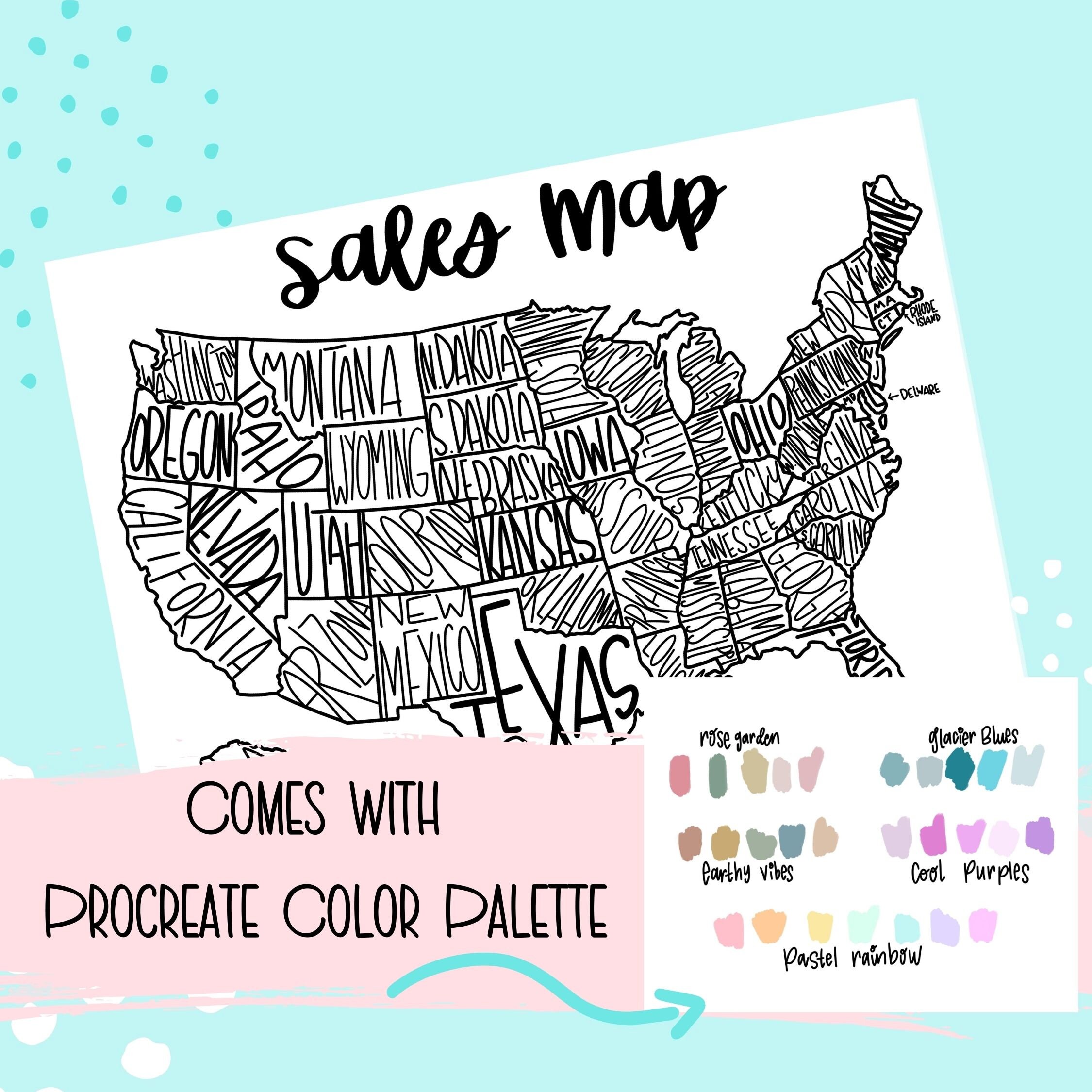 Mapa rastreador de ventas de EE. UU. para Procreate con paleta de colores + PDF imprimible