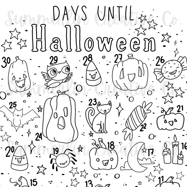 Pu&ograve; includere: Un calendario di conto alla rovescia stampabile in bianco e nero per Halloween. Il calendario presenta un'illustrazione diversa a tema Halloween per ogni giorno che precede Halloween, tra cui zucche, pipistrelli, gufi, mais dolce e molto altro.