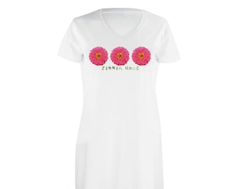Women's Nightshirt/ Women's Loungewear/ Zinnia Rose Design/ White Cotton dress