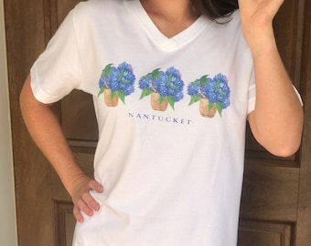 Women's Nightshirt/ Women's Loungewear/ Nantucket Hydrangea design/ Women's everyday t-shirt/ White cotton shirt