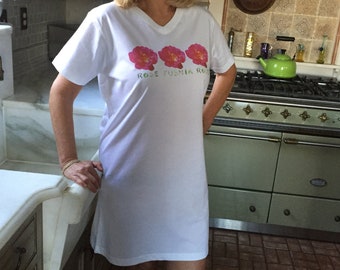 Women's Nightshirt/ Women's Loungewear/ Rose Fushia Rose/  White Cotton shirt/ Coverup