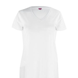 May include: A white short-sleeved v-neck t-shirt.