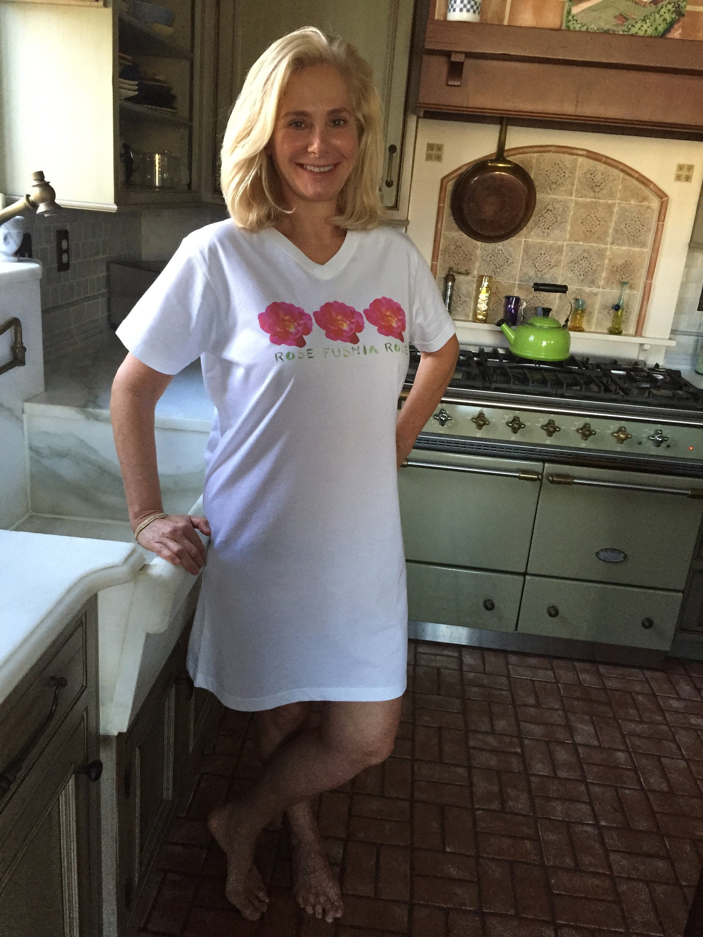 Women's Nightshirt/ Women's Loungewear/ Rose Fushia Rose/  White Cotton shirt/ Coverup