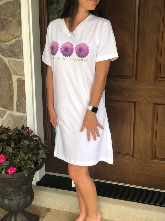 Women's Nightshirt/ Women's Loungewear/Dahlia De Lavande Design/ T-shirt dress/ White cotton shirt