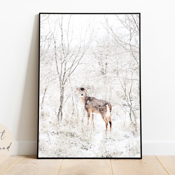 Deer in Winter Watercolor Printable Art | Christmas Snow Scene Artwork | Snowy Forest Downloadable Wall Art | White Gray Minimalist Painting