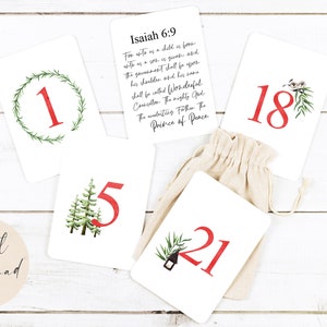 Calendrier de l'Avent imprimable, PDF compte à rebours de Noël, téléchargement numérique de cartes bibliques, histoire de la nativité, décoration des fêtes