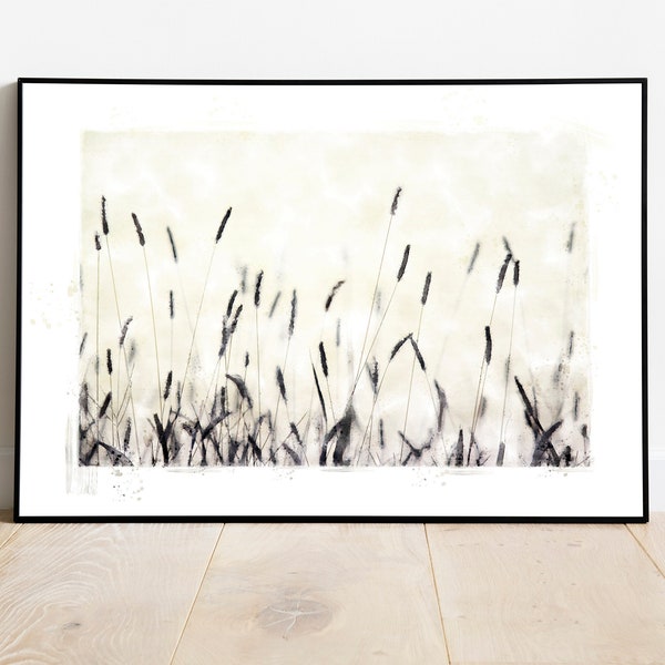 Black & White Wild Grass Watercolor Printable, Minimalist Modern Abstract Painting, Wheat Field Fine Art Instant Download