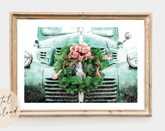 Christmas Printable Wall Art | Teal Vintage Truck Download | Green Wreath Watercolor | Hood Ornament Christmas Decor | Colorful Christmas