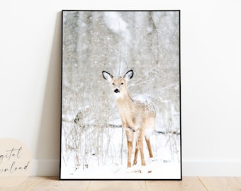 Winter Scene Printable Art | Christmas Deer Wall Art | Seasonal Print Instant Download | Doe Digital Watercolor | Snow Mountain Painting
