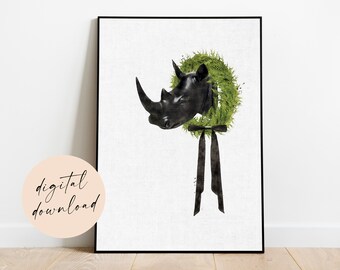 Christmas Wall Art Printable | Holiday Digital Download | Rhino Head Wall Decor | Animal Watercolor | Modern Farmhouse Style | Black & White