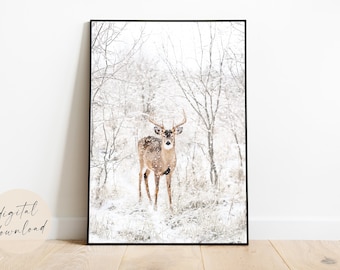 Buck in Winter Watercolor Printable Art | Christmas Snow Scene Artwork | Deer in Forest Downloadable Wall Art | White Minimalist Painting