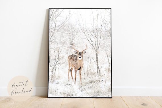 Buck in Winter Watercolor Printable Art | Christmas Snow Scene Artwork | Deer in Forest Downloadable Wall Art | White Minimalist Painting