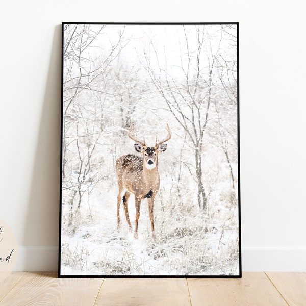 Buck in Winter Watercolor Printable Art | Christmas Snow Scene Artwork | Deer in Forest Downloadable Wall Art | White Minimalist Painting