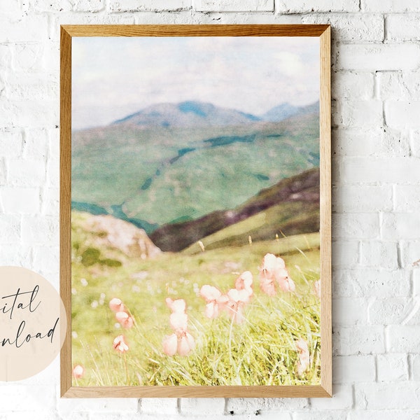 Spring Landscape Printable Wall Art | Mountain Scene Watercolor | Blue Pink Green Teal Painting | Flower Field Artwork | Pastel Colors Art