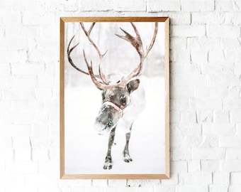 Reindeer in Winter Watercolor Printable Art | Christmas Snow Scene Artwork | Snowy Mountain Downloadable Wall Art | White Holiday Painting