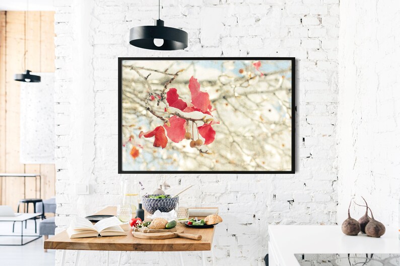 Original Photography Print Leaves in Snow Winter Scene Printable Art Rust Red Landscape Instant Download Christmas Decor Fine Art